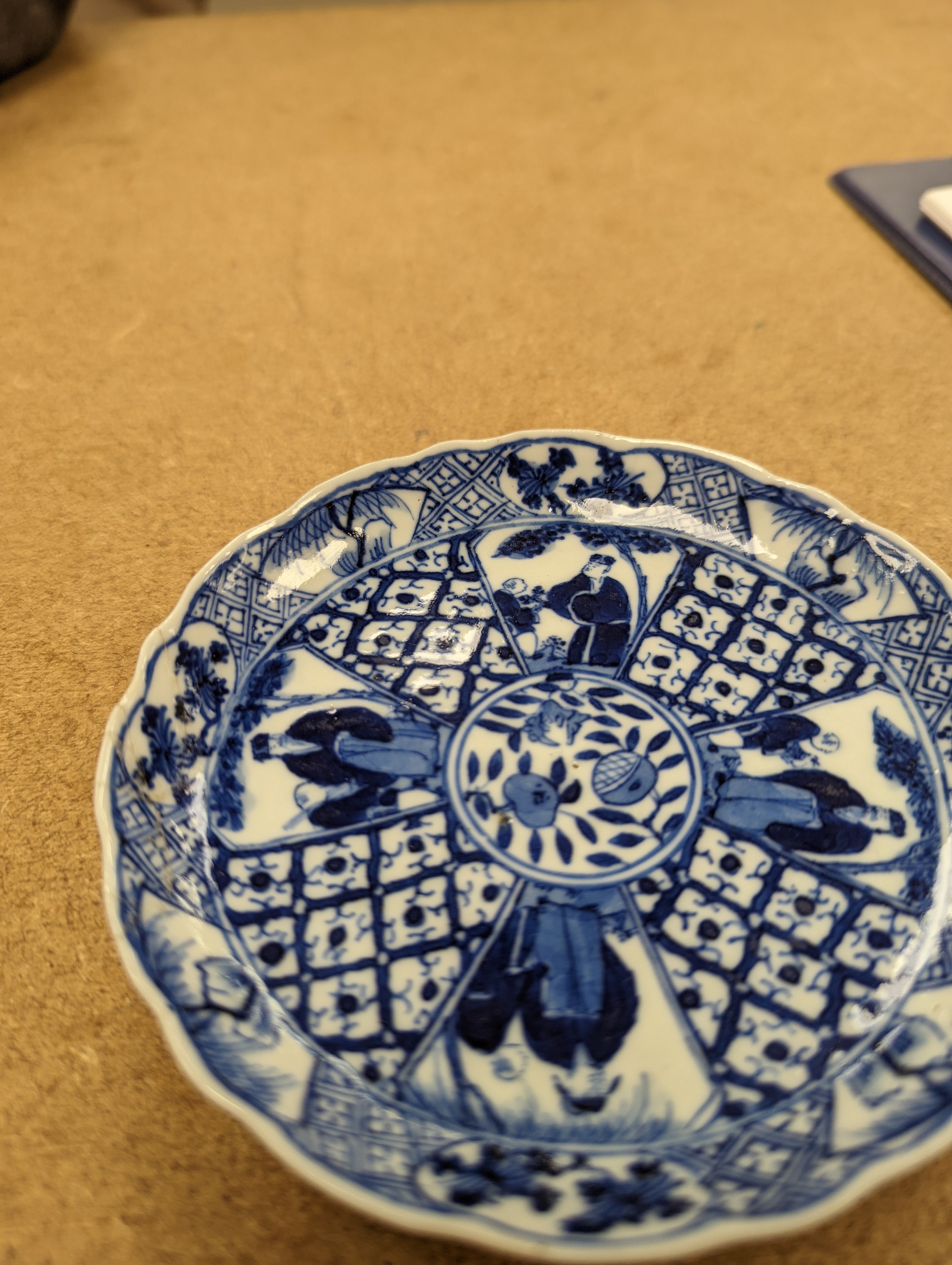 Two Chinese porcelain saucers, and a Chinese enamelled porcelain vase, 12.5cm., 18th century and later